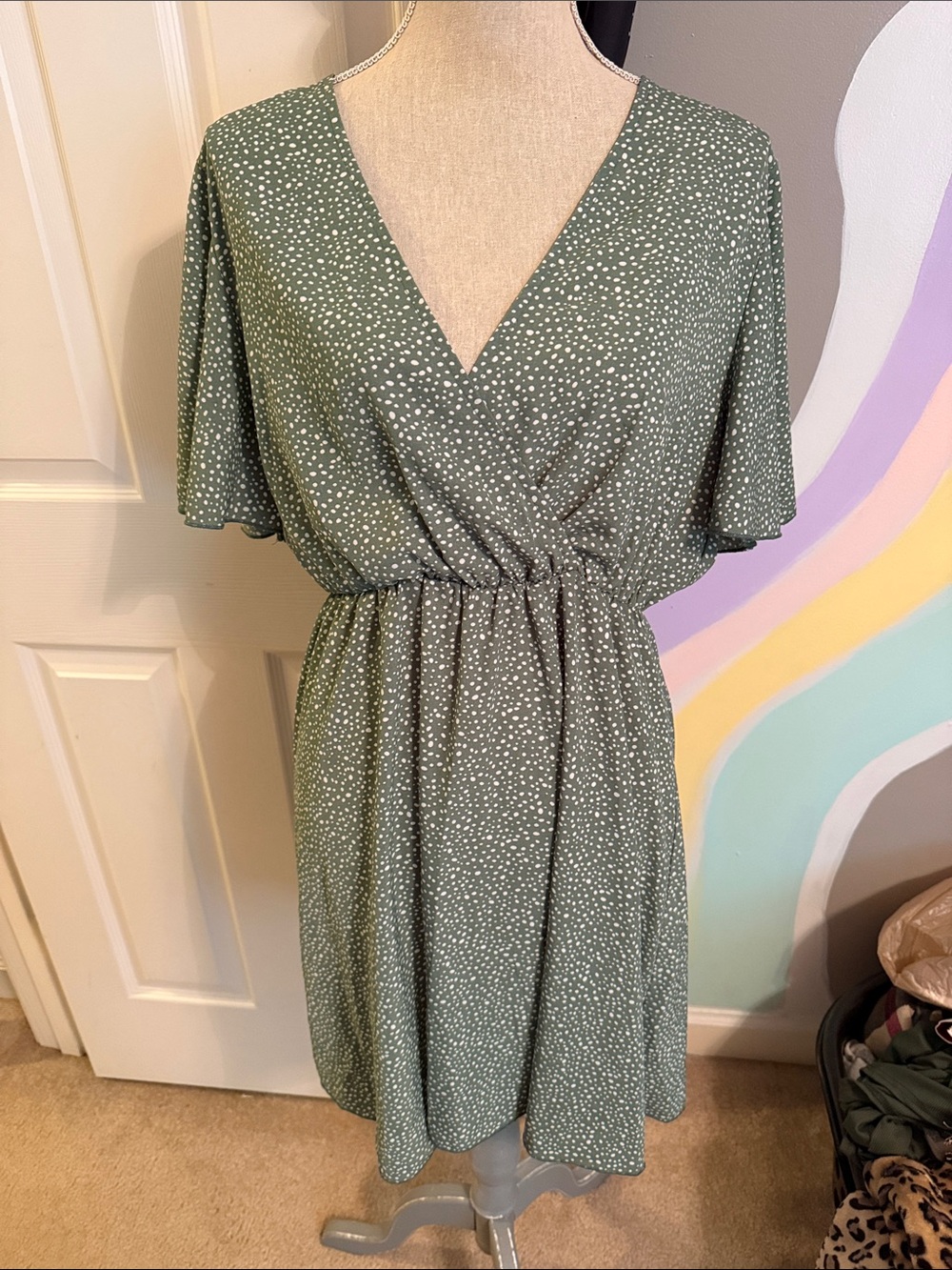 Women's Olive Green Dotted V-Neck Dress